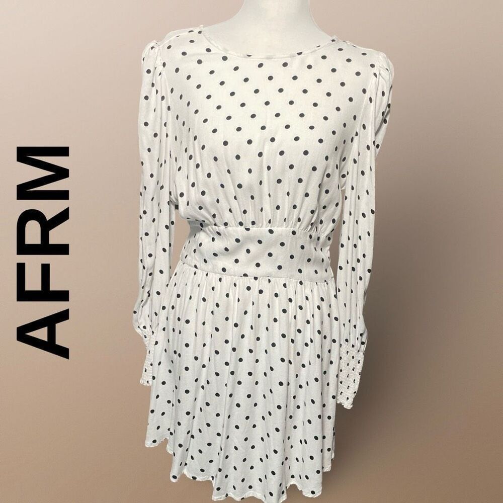 AFRM Lightweight Polka Dot Dress, Bishop Sleeves, Open Back Design, Size M